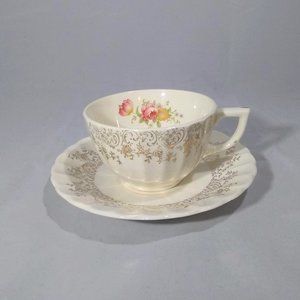 Teacup and Saucer Cream Gold Scroll Floral Design
